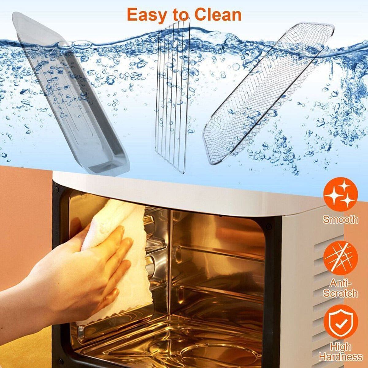 Black air fryer open interior with metal basket, shown for easy-cleaning