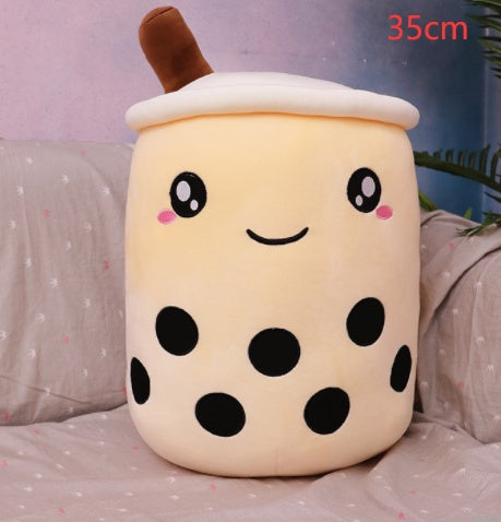 Soft plush bubble tea cup pillow, light cream with brown straw, polka-dot face, 35 cm