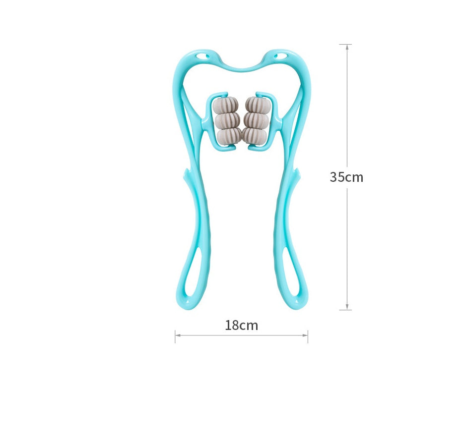 Blue swan neck body massager with roller pads and two curved foot handles