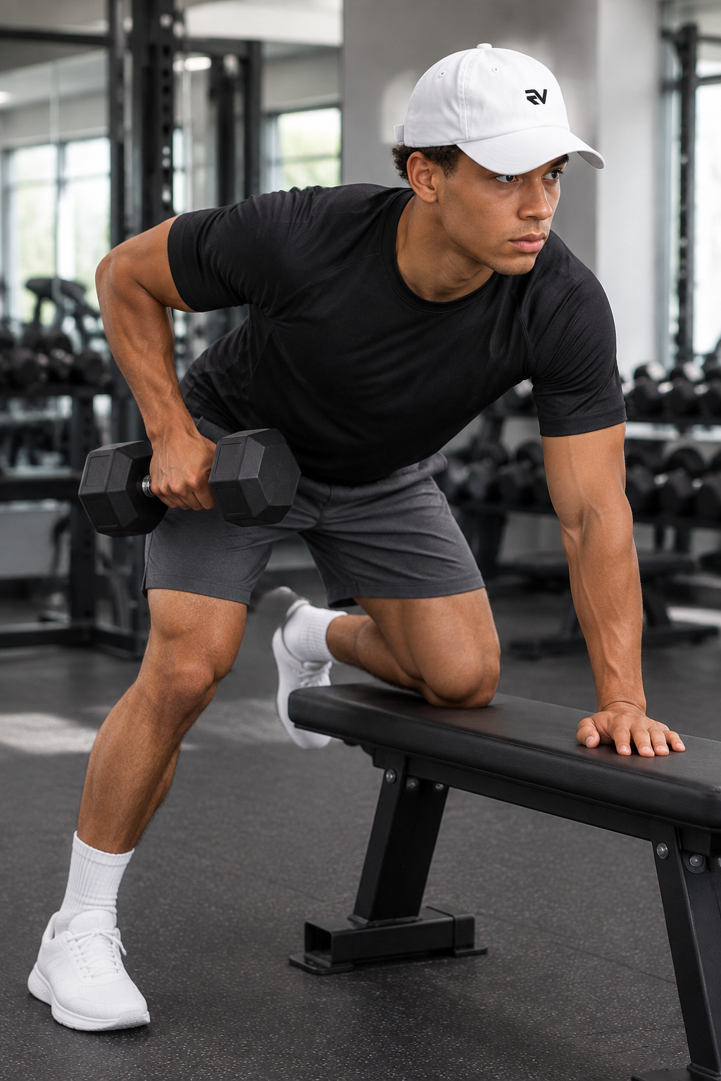 Athletic model working out in a gym wearing the white REEVEAR cap