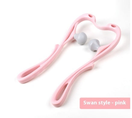 Pink swan neck body massager with single grey roller head and curved handles