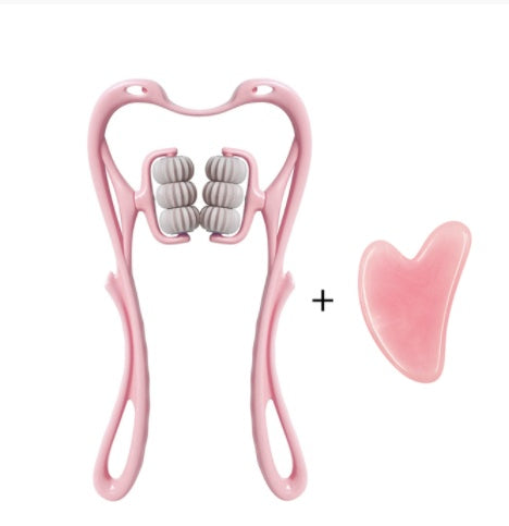Pink swan neck body massager with roller head plus heart-shaped accessory