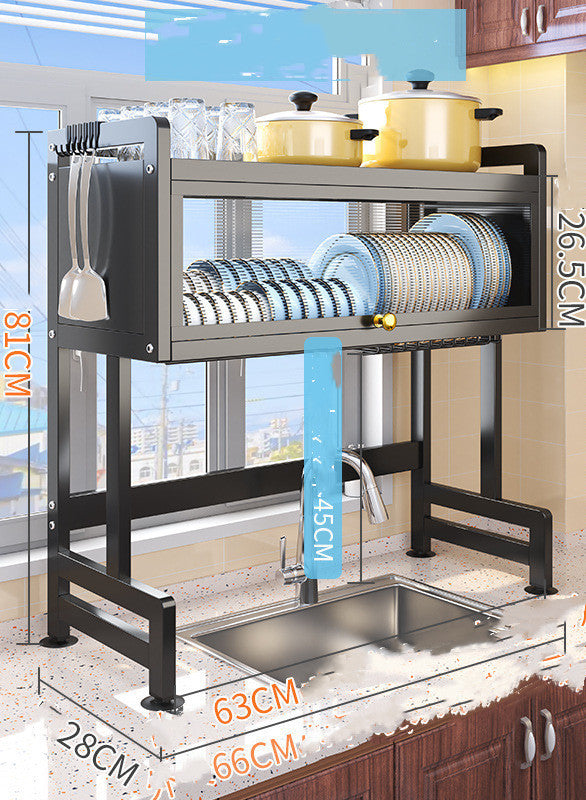 Kitchen sink storage rack with side hooks and wire shelves holding blue stacked plates