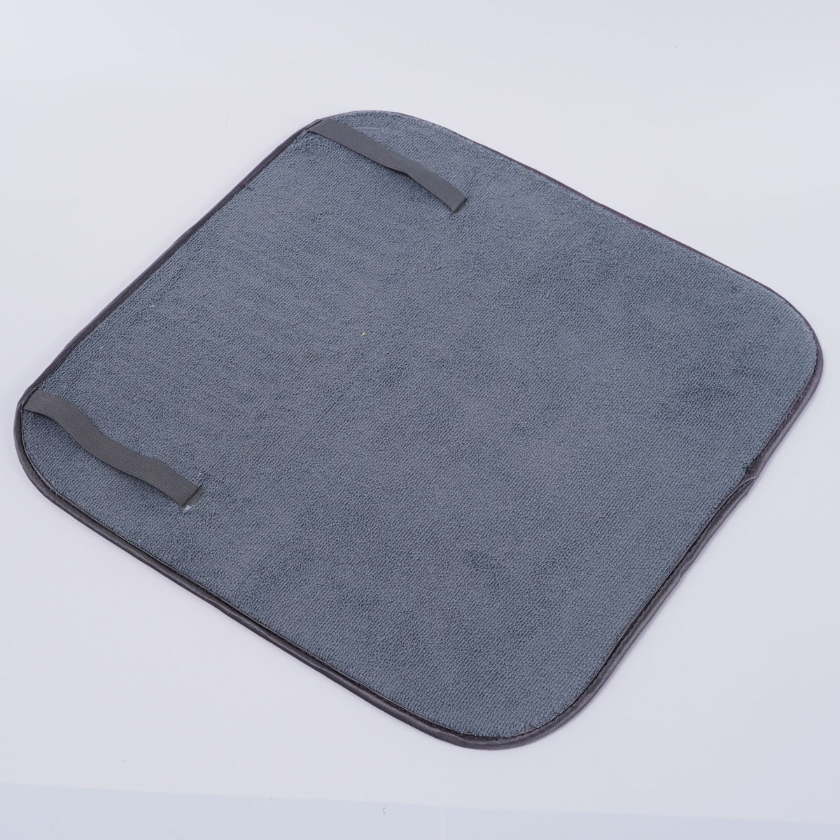 Dish drying rack mat in dark gray with two fabric straps on top