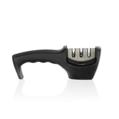 Black handheld knife sharpener with metal sharpening slots, side view