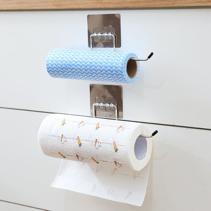 Wall-mounted toilet paper holder set with blue and patterned paper rolls, metal frame