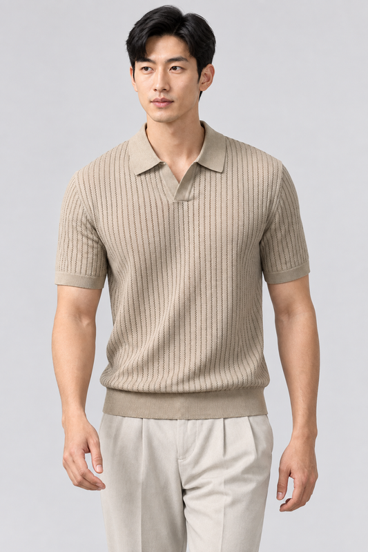 Beige knit polo fashion pose