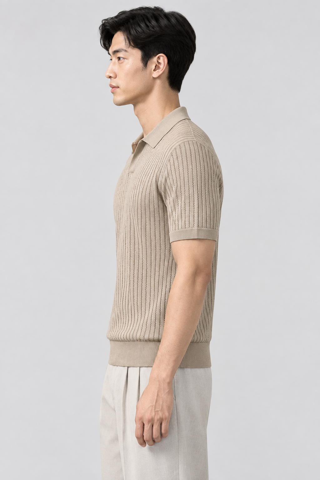 Beige knit polo left-side view