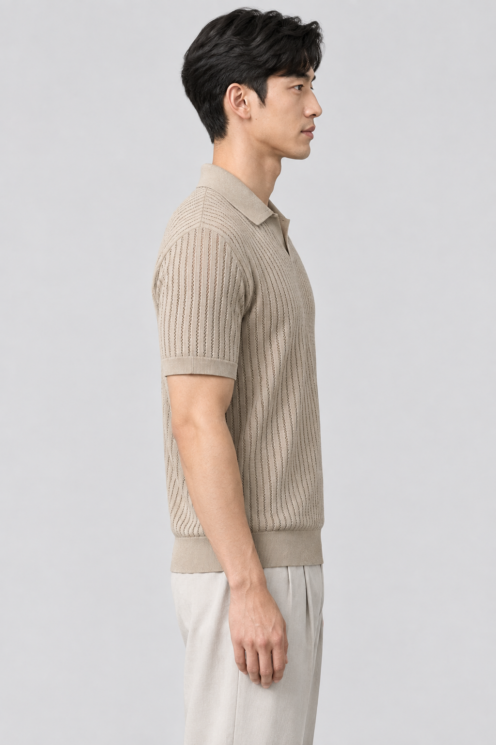 Beige knit polo right-side view