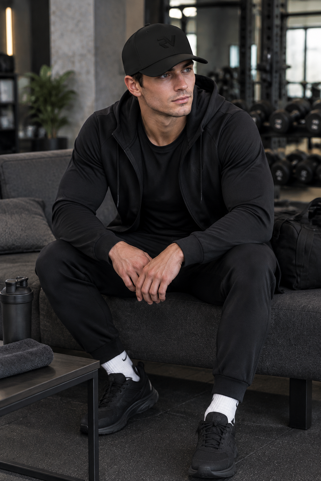 Black cap in a gym setting