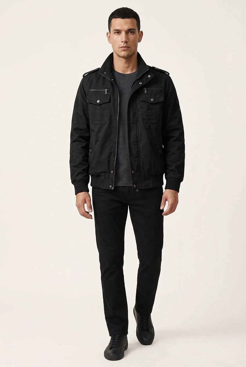 Black jacket three-quarter pose