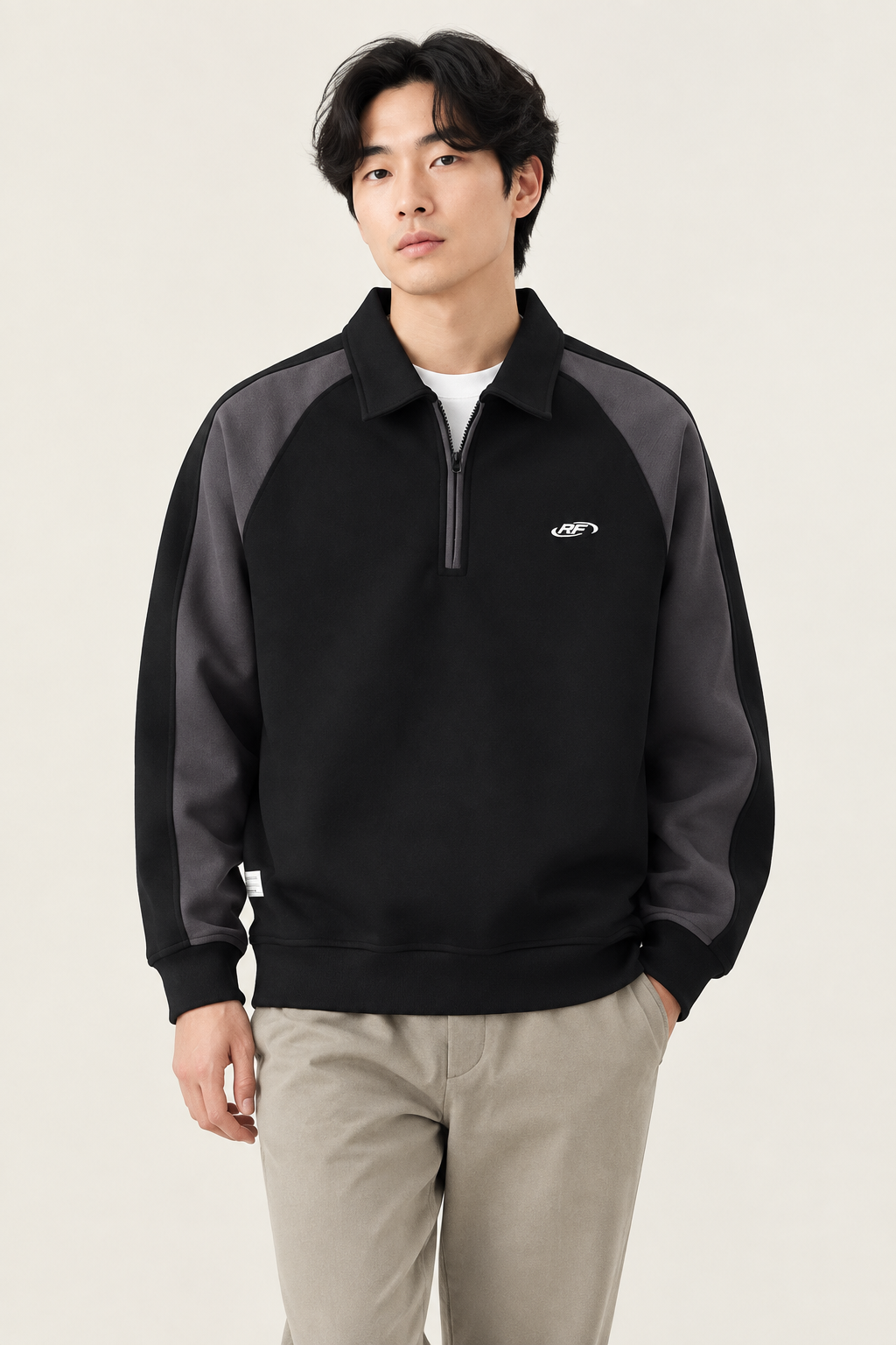 Black sweatshirt front view with new Korean model