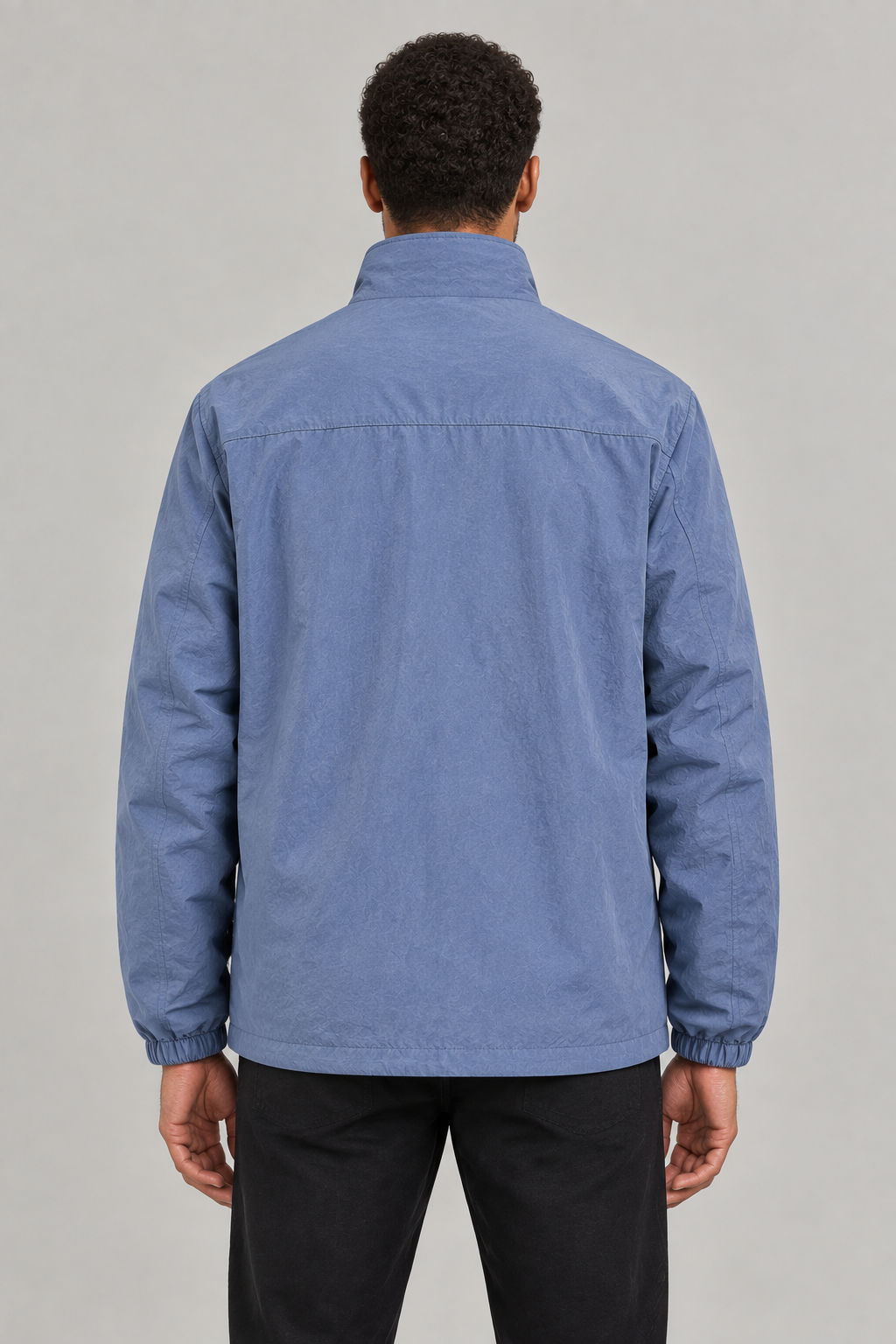 Blue jacket back view on the slim model