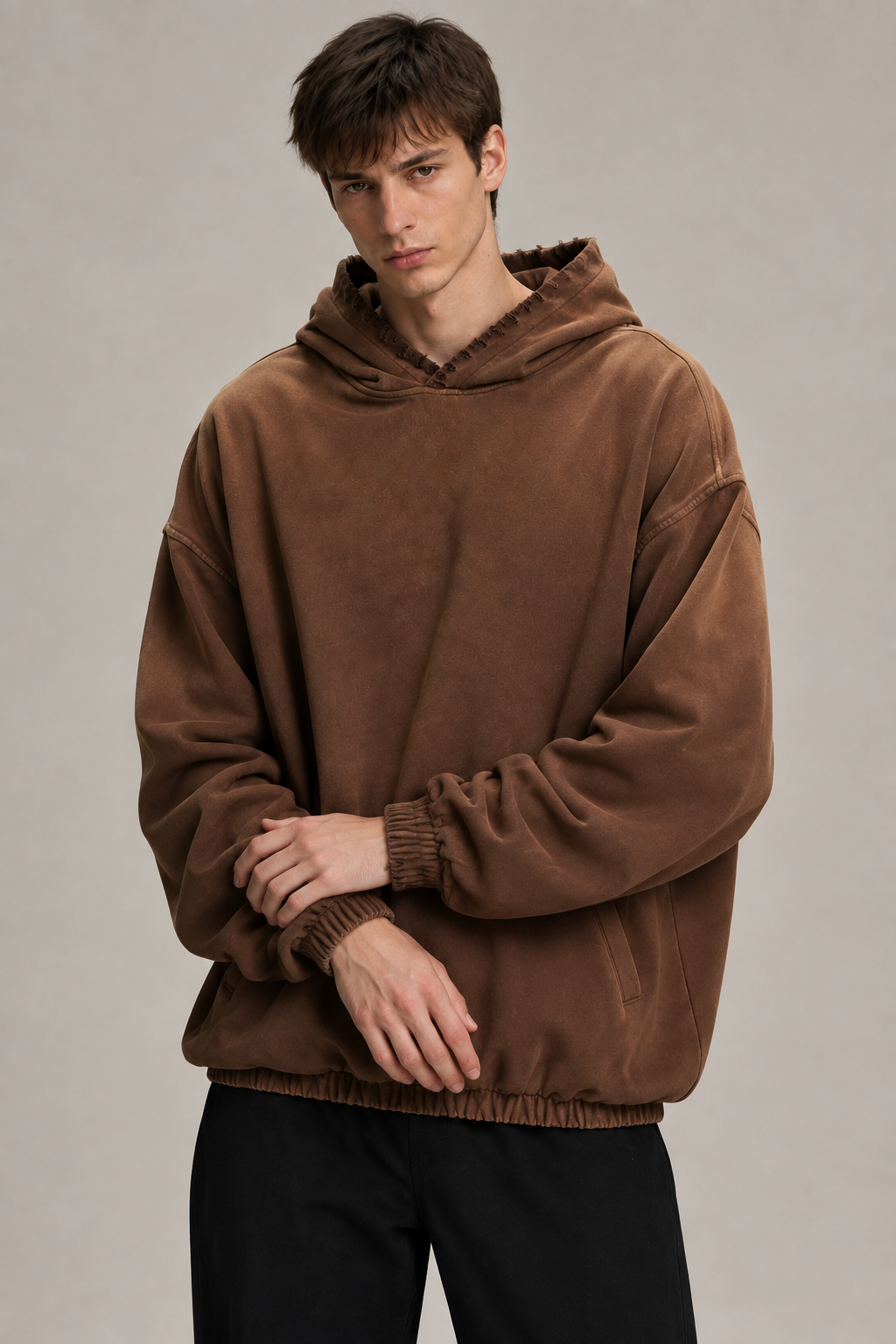 Brown hoodie fashion pose