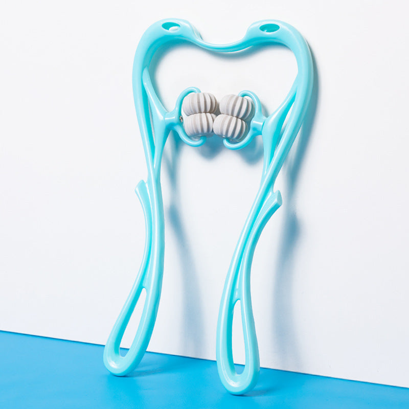 Blue swan neck body massager with twin roller head between curved handles