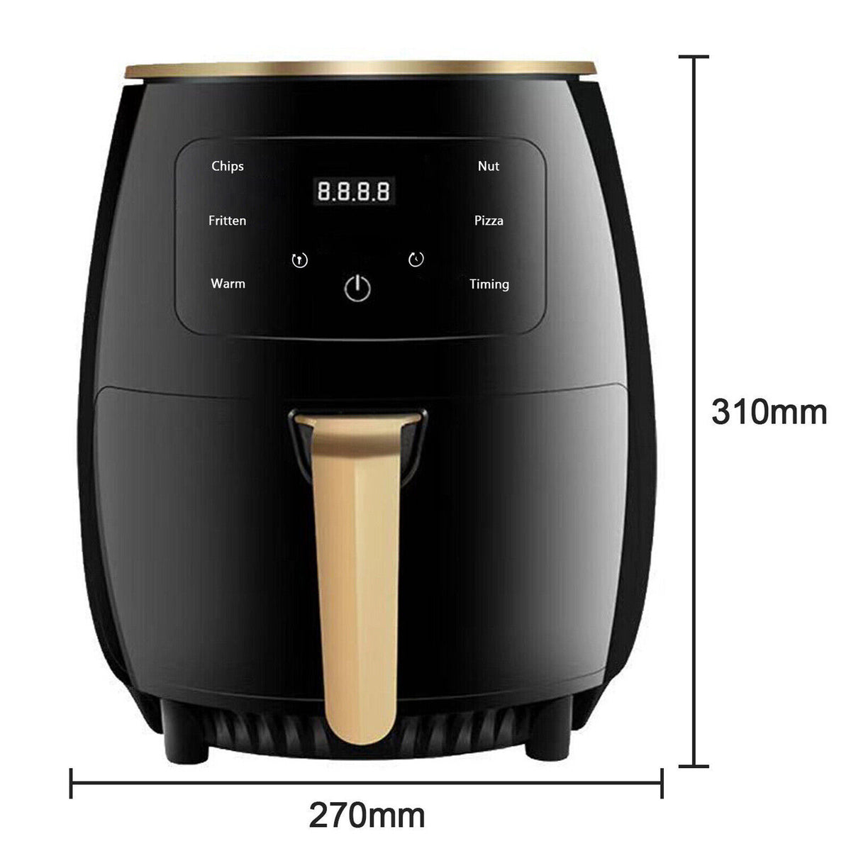 Black air fryer front view with beige handle and size dimensions marked