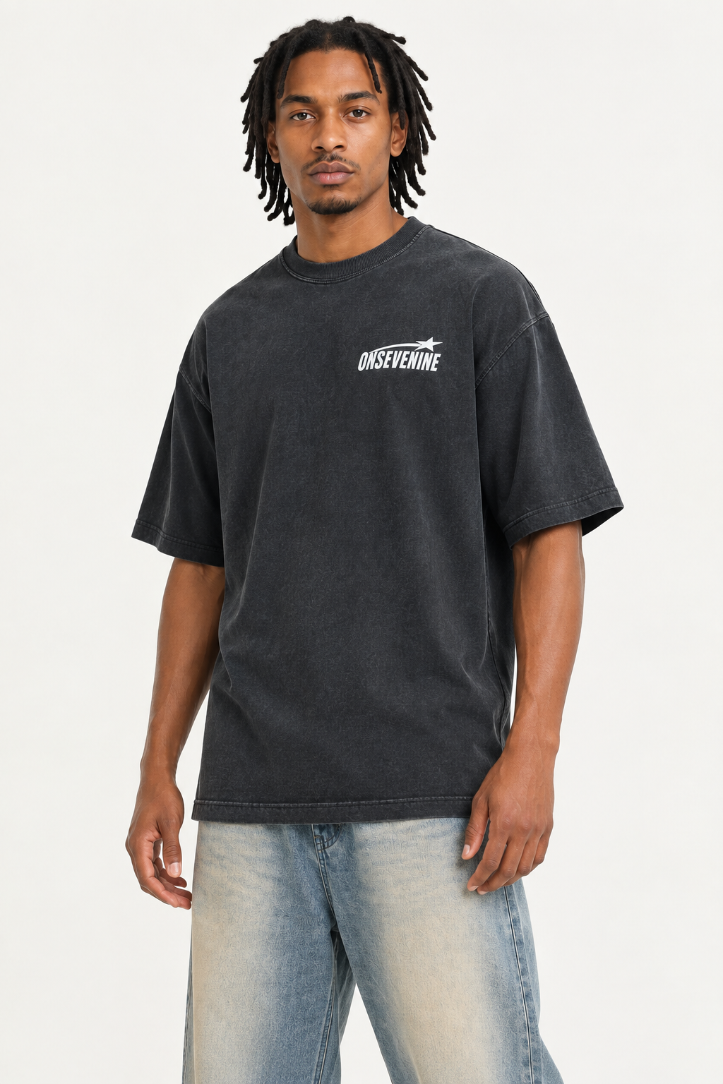 Charcoal T-shirt fashion pose with brown-skinned model