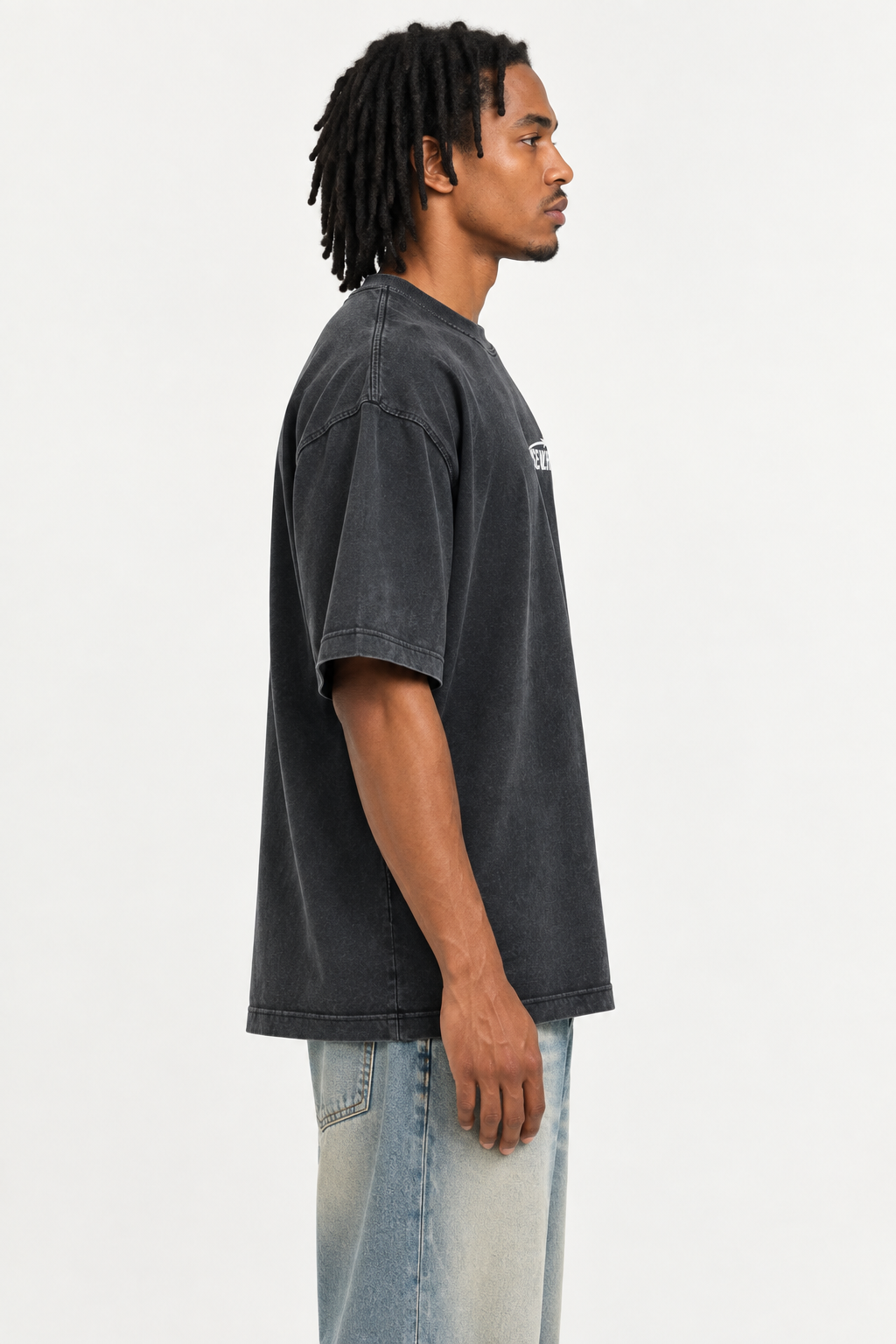 Charcoal T-shirt right-side view with brown-skinned model