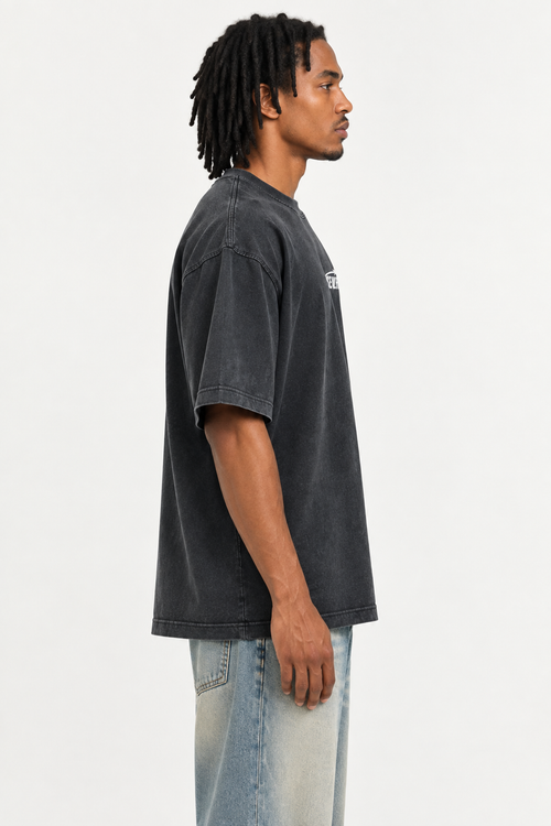 Charcoal T-shirt right-side view with brown-skinned model