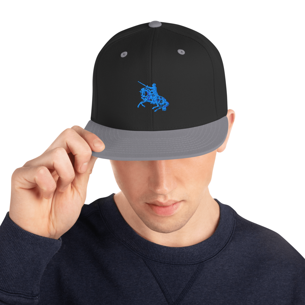 Snapback hat with black crown, dark gray brim, and blue embroidered polo rider logo