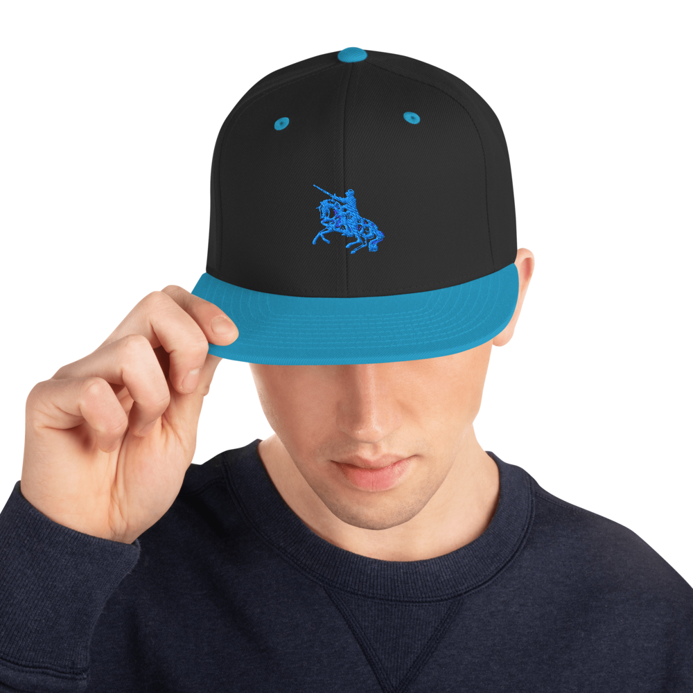 Snapback hat with black crown, teal brim, and blue embroidered polo rider logo