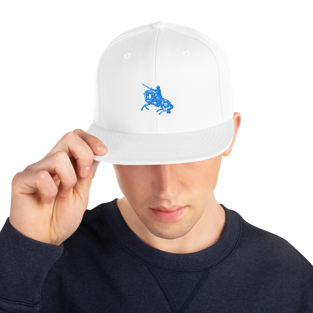 Snapback hat with white crown, light gray brim, and blue embroidered polo rider logo