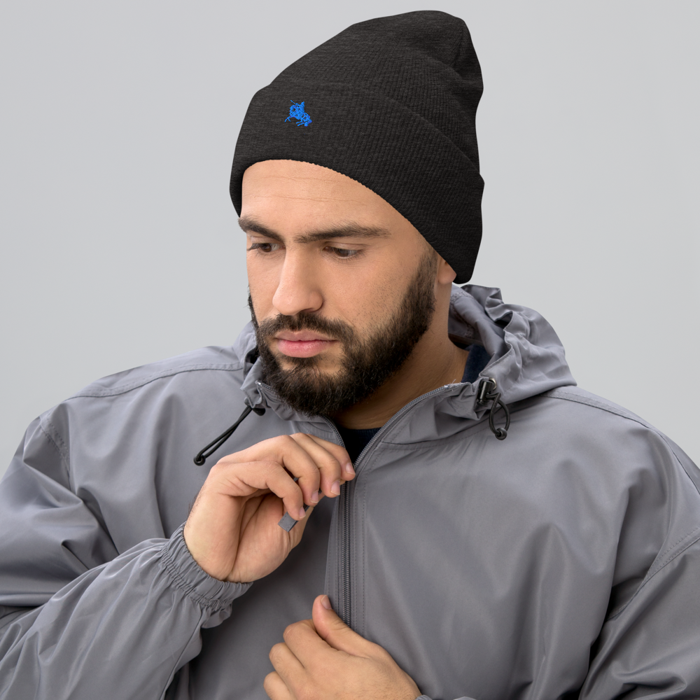 Black cuffed knit beanie with blue logo patch, worn by man