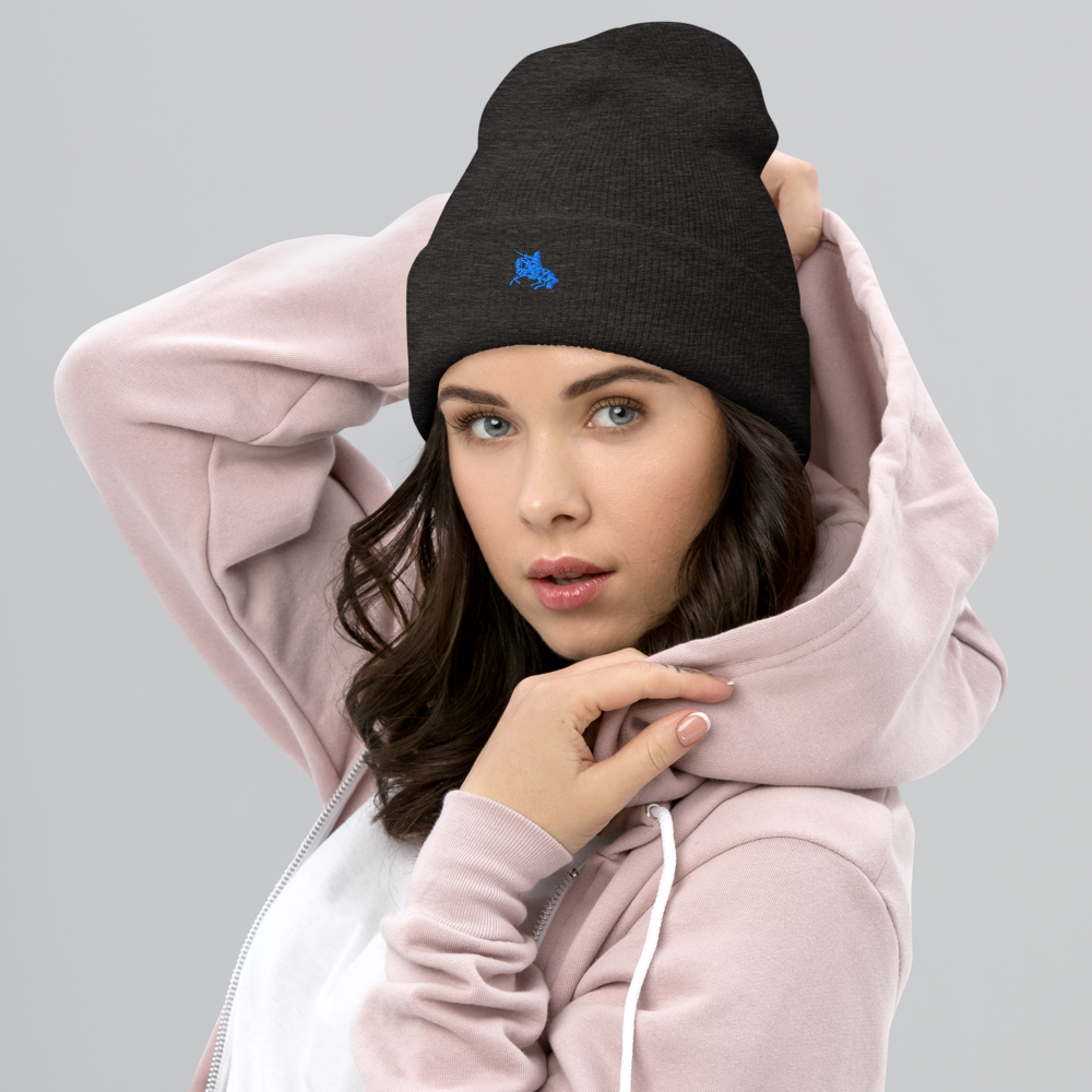 Black cuffed knit beanie with blue embroidered logo and ribbed cuff