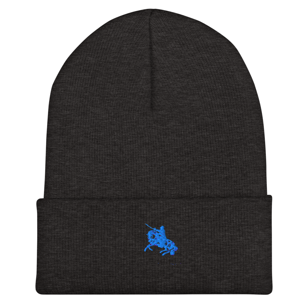 Dark charcoal cuffed knit beanie with blue embroidered horse logo