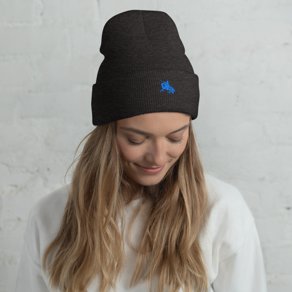 Black cuffed knit beanie with blue embroidered logo on front