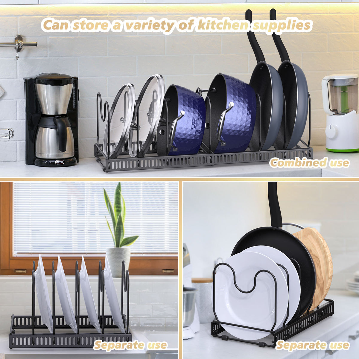 Black plate rack storing plates and lids upright on a cabinet shelf
