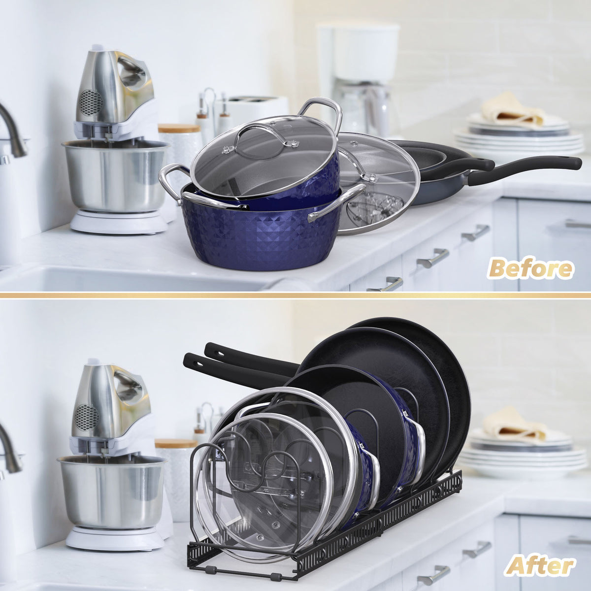 Black plate rack with curved wire dividers holding plates and cookware on a countertop