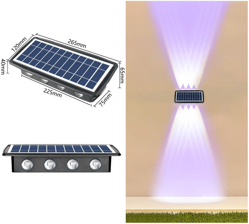 Solar wall light with rectangular solar panel and multi-LED bright white beam