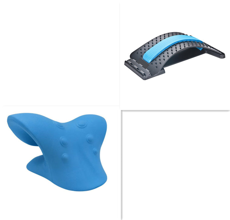 Blue swan-neck body massager and blue curved pressure pad, collage view