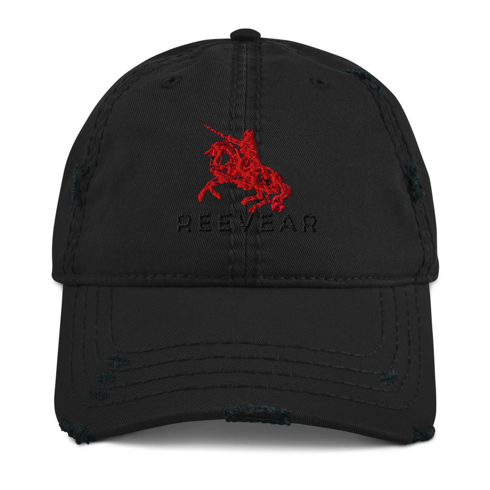 Black dad hat front with red horse graphic, FREEWEAR lettering, and distressed logo