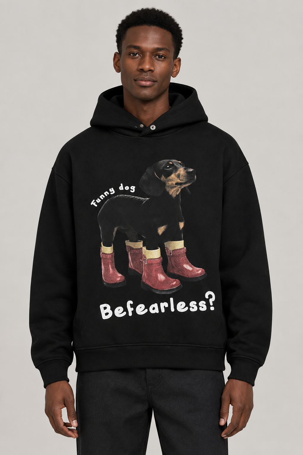 Dog graphic hoodie front view with Black model