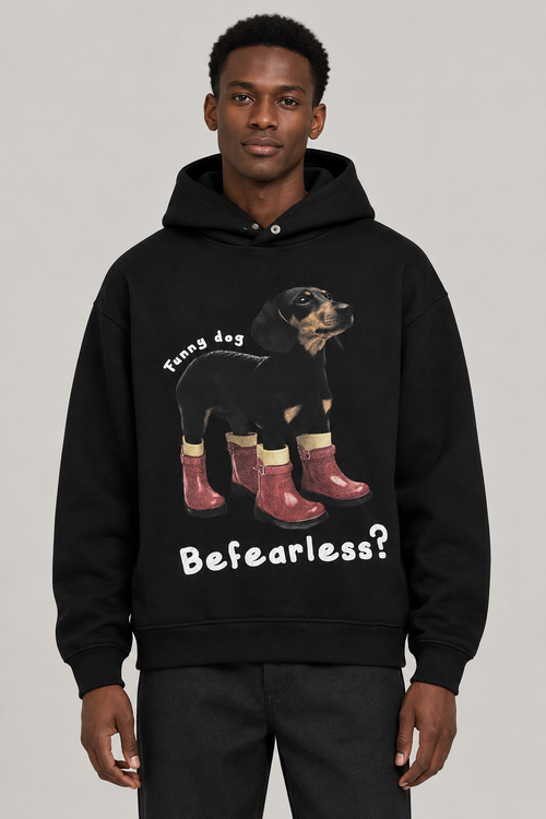 Dog graphic hoodie front view with Black model