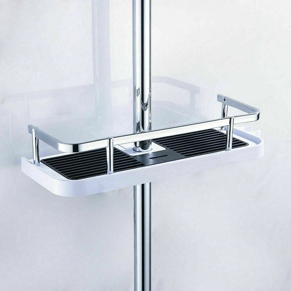 White shower rail caddy with chrome supports and two black draining shelves