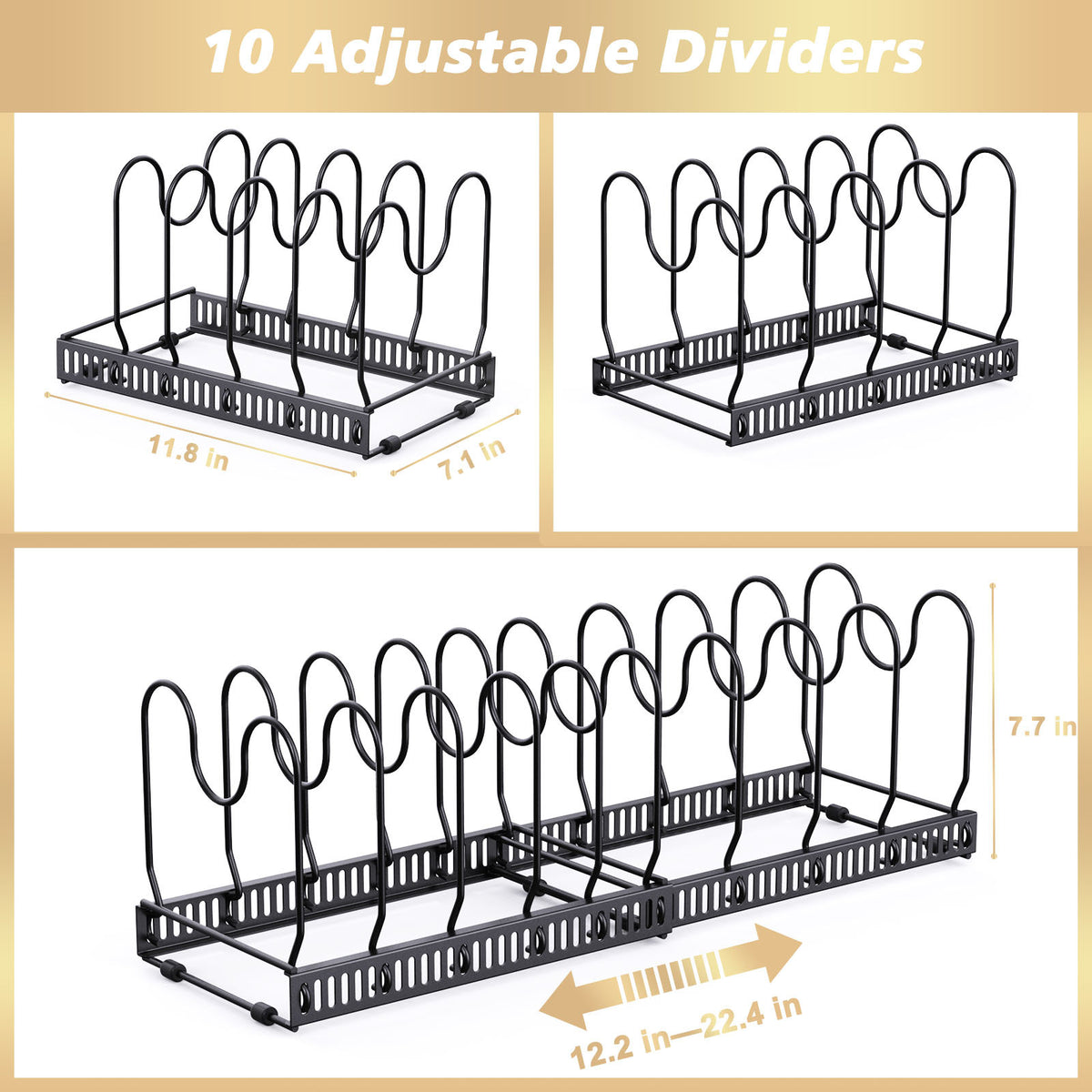 Black plate rack with adjustable vertical dividers for plates, shown in two layouts