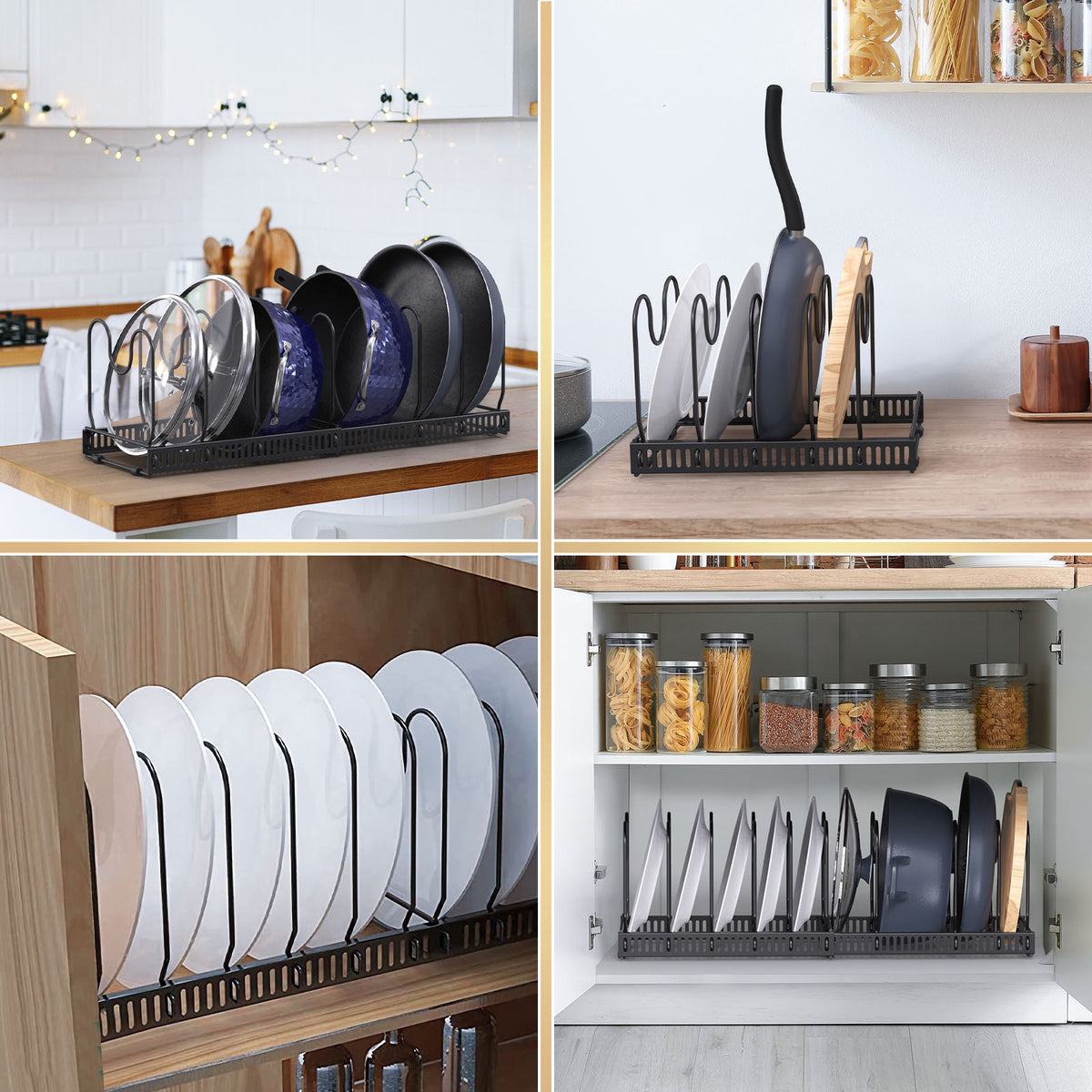 Black plate rack with vertical dividers holding stacked plates in a cabinet