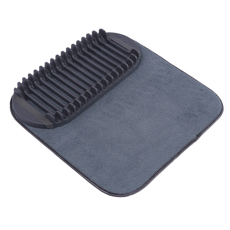 Gray dish draining rack mat with ridged draining channels, square corner design