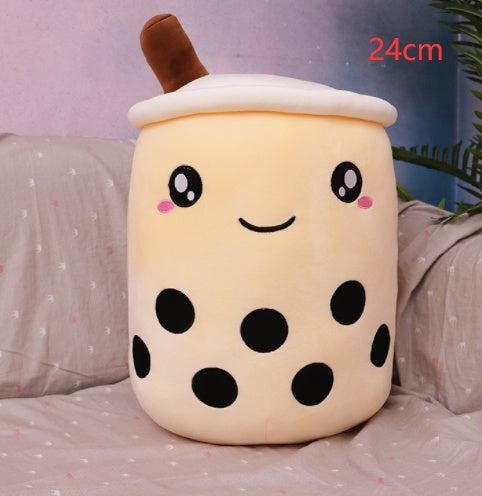 Soft plush bubble tea cup pillow, light cream with brown straw and cute face, 24 cm