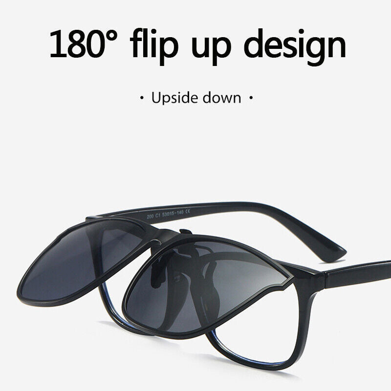 Black clip-on sunglasses with dark tinted lenses and black frames