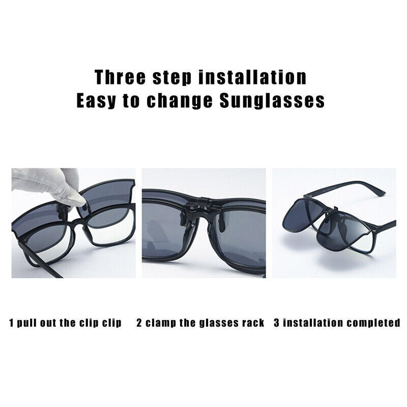 Clip-on sunglasses installation steps with black frames and dark lenses