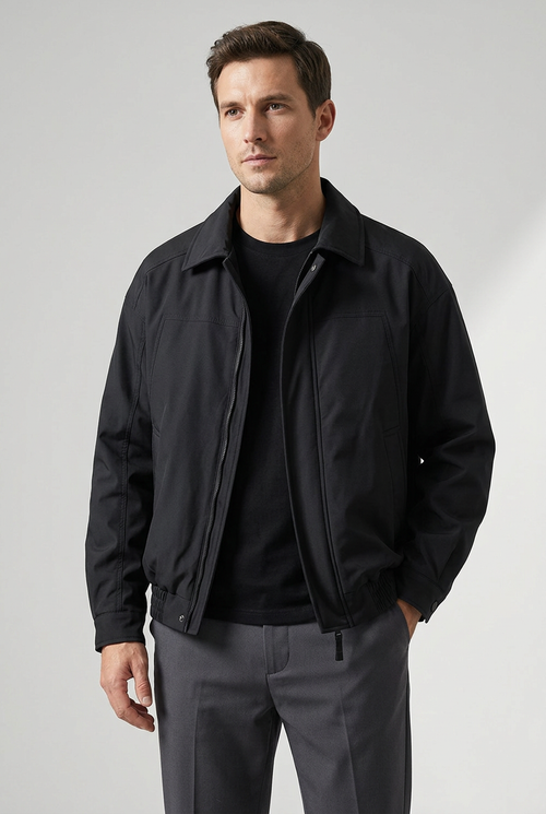 Front model view of the black jacket