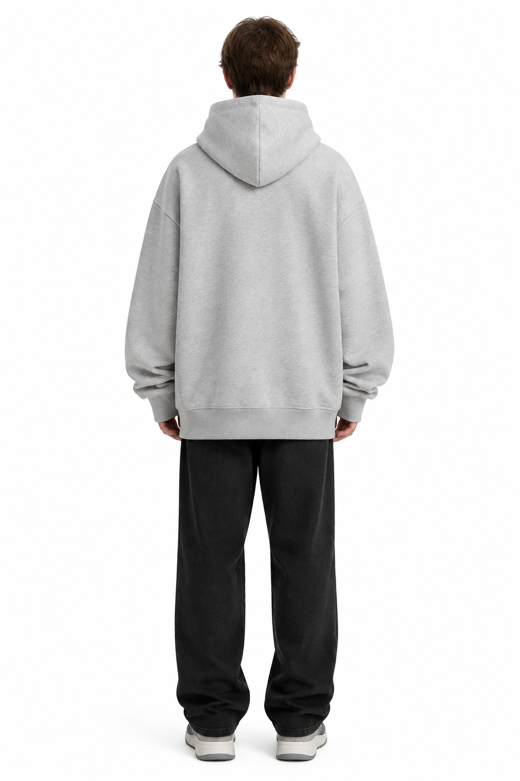 Full-body back view of the grey hoodie