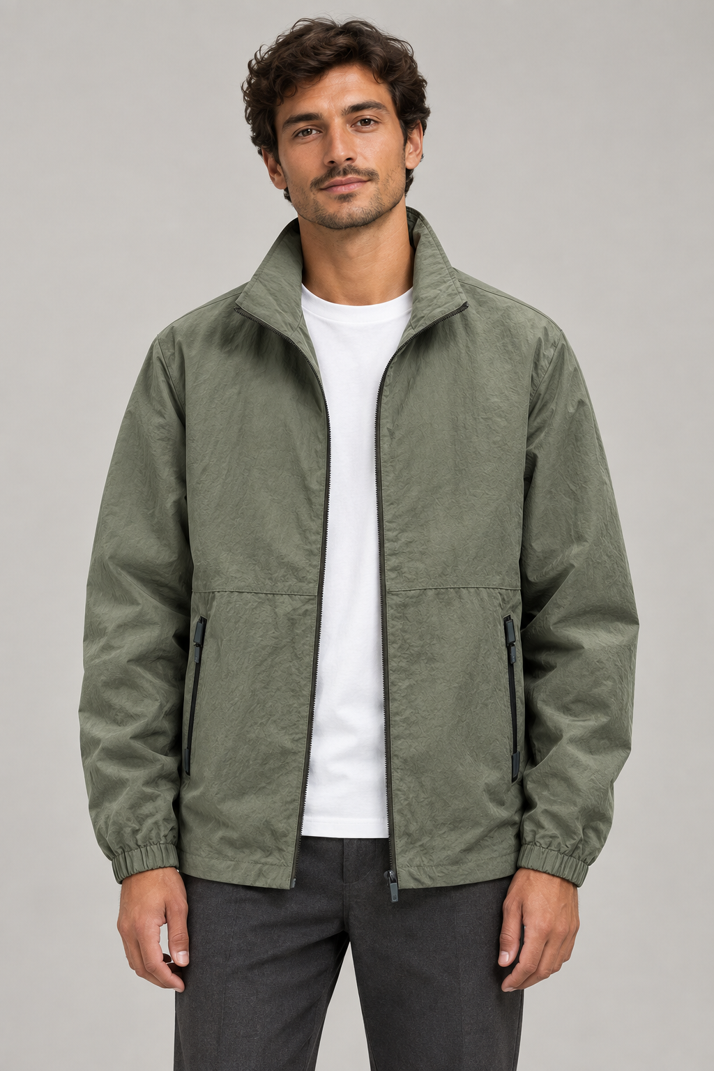 Green jacket front view with a new slim model