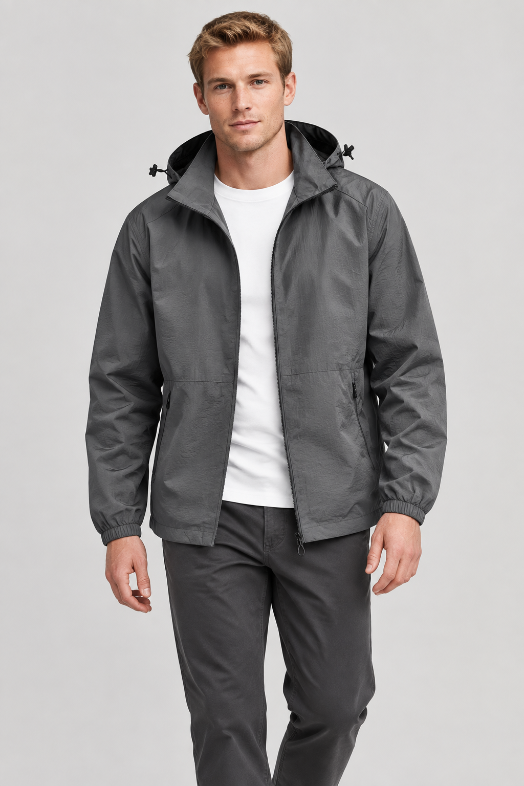 Grey windbreaker front view with new model
