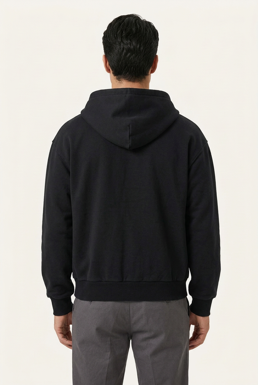 Black zip-up hoodie on male model, plain back view