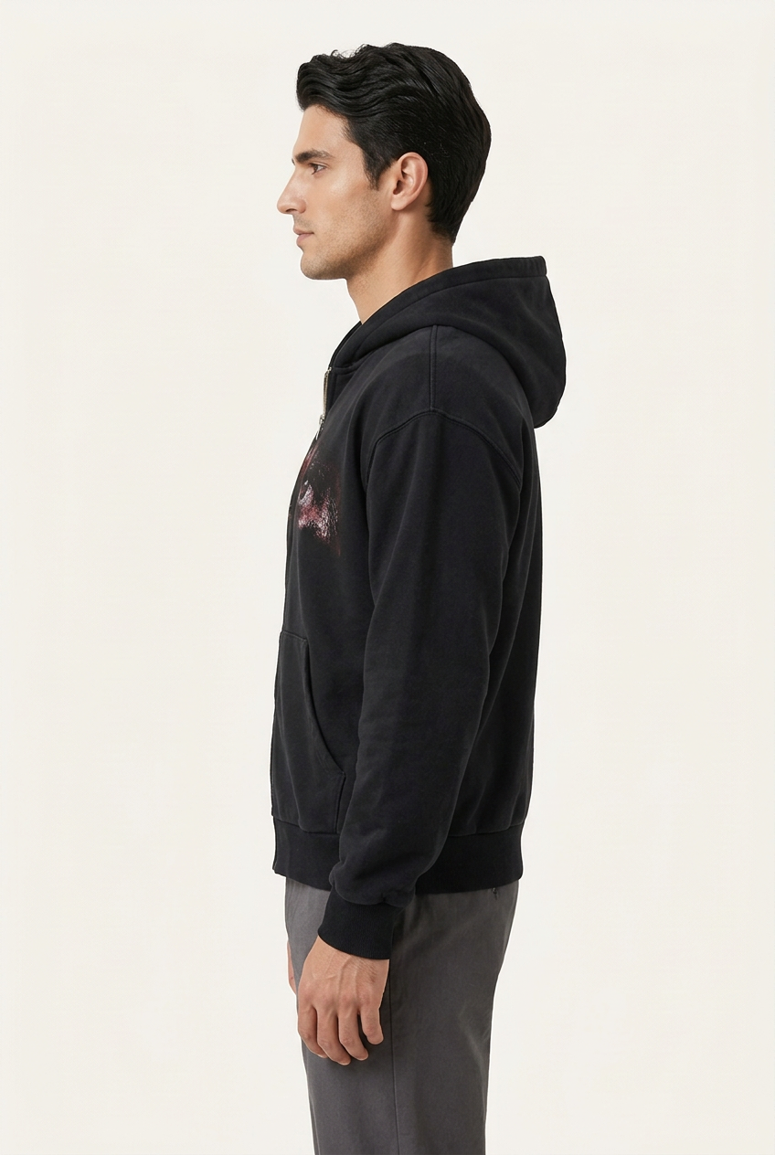 Black zip-up hoodie on male model, side view